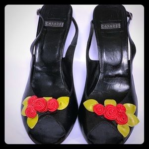 Casadei Black Leather Peep-Toe Slingback